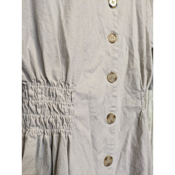 T Tahari Linen Blend Midi Dress Flutter Sleeve Khaki Button Up Shirred Waist 12 - Picture 2 of 15